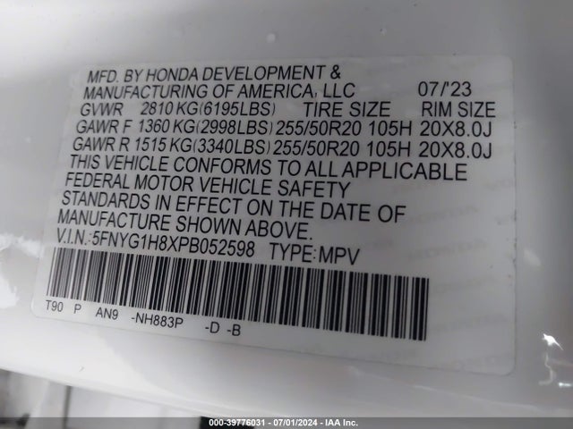 Honda Pilot Awd Elite 2023 5FNYG1H8XPB052598 Image 9