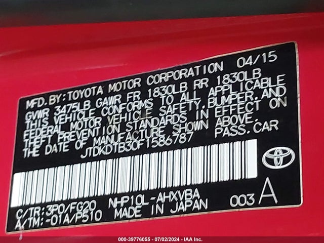 Toyota Prius C Two 2015 JTDKDTB30F1586787 Image 9