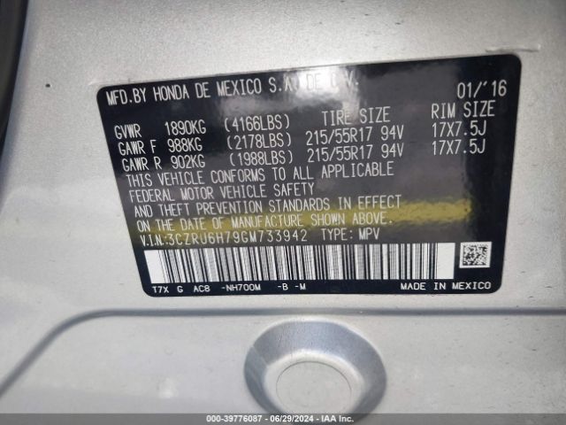 3CZRU6H79GM733942 Honda Hr-v Ex-l