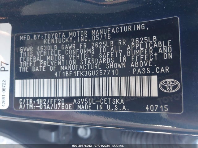 Toyota CAMRY SE 2016 4T1BF1FK3GU257710 Image 9