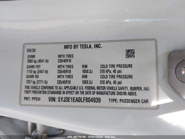 2020 TESLA MODEL 3 5YJ3E1EA0LF804939 Photo 8