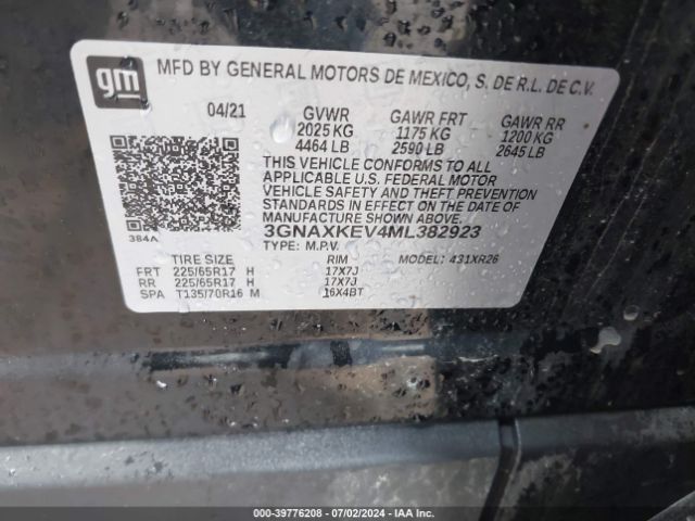 3GNAXKEV4ML382923 Chevrolet Equinox Fwd Lt