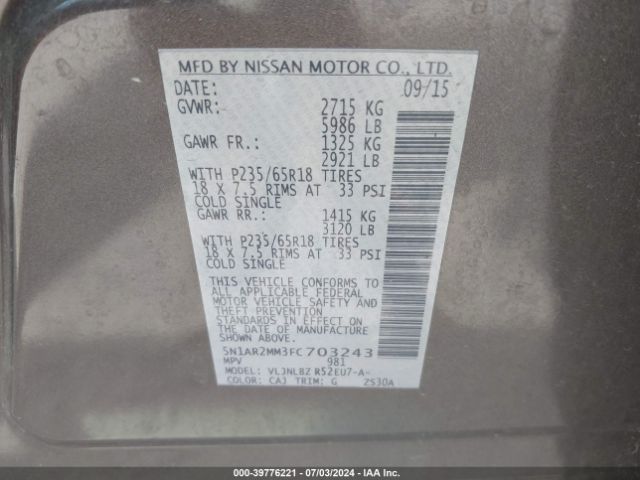 5N1AR2MM3FC703243 Nissan Pathfinder S
