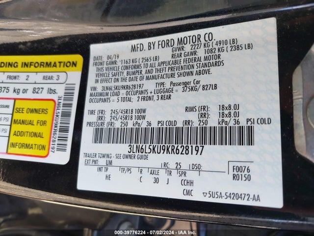 3LN6L5KU9KR628197 Lincoln Mkz Hybrid Standard