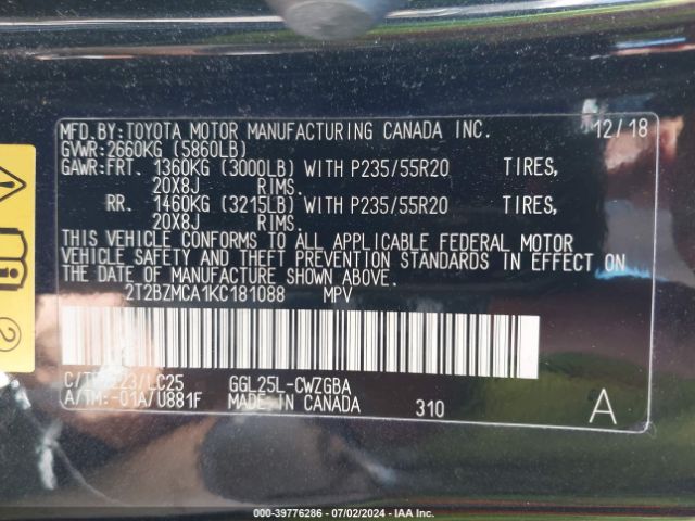 2T2BZMCA1KC181088 Lexus Rx 350 F Sport
