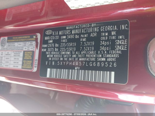 5XYPH4A57LG689526 KIA Sorento 3.3l Ex