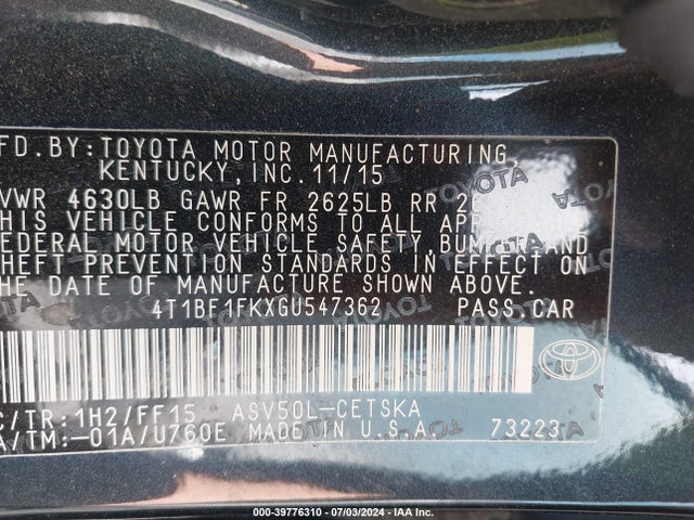 Toyota CAMRY SE 2016 4T1BF1FKXGU547362 Image 9