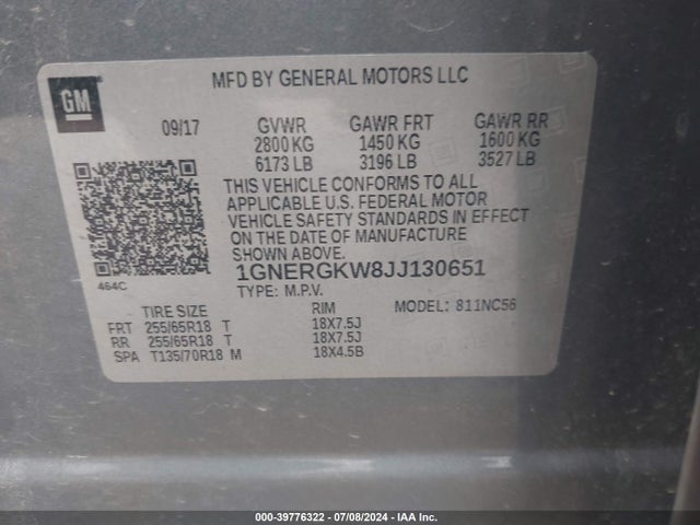 Chevrolet Traverse 1lt 2018 1GNERGKW8JJ130651 Image 9