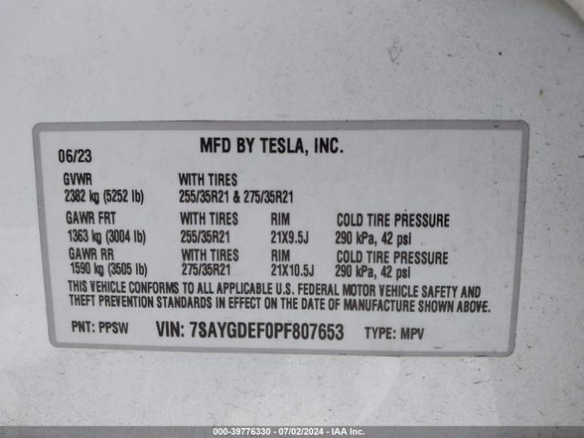 7SAYGDEF0PF807653 Tesla Model Y