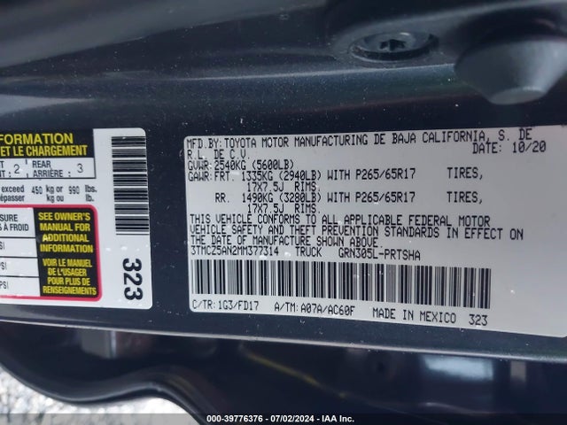 3TMCZ5AN2MM377314 Toyota Tacoma Trd Sport