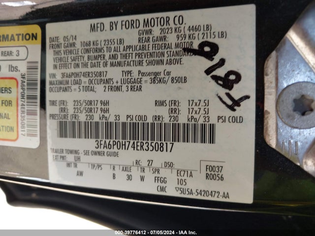 Ford FUSION SE 2014 3FA6P0H74ER350817 Image 9
