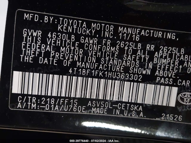 Toyota CAMRY SE 2017 4T1BF1FK1HU363302 Image 9