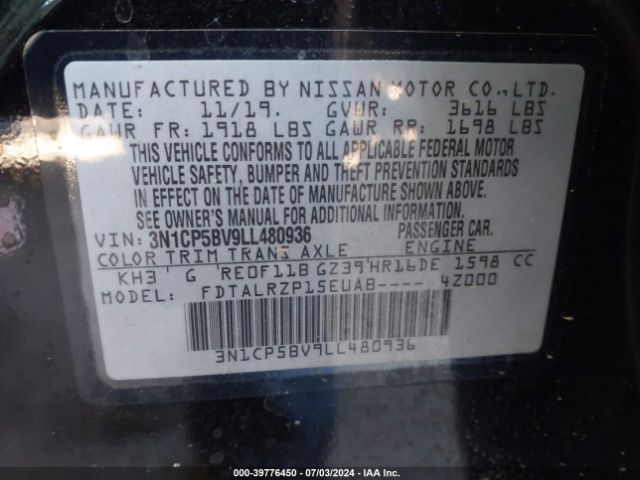 3N1CP5BV9LL480936 Nissan Kicks S Xtronic Cvt