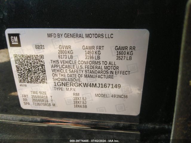 1GNERGKW4MJ167149 Chevrolet Traverse Fwd Lt Cloth