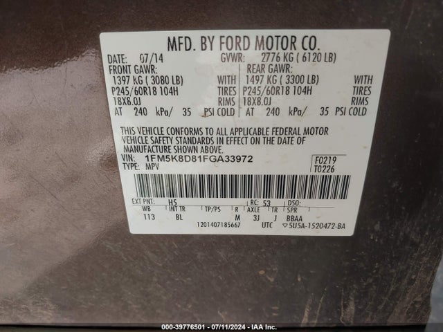 Ford EXPLORER XLT 2015 1FM5K8D81FGA33972 Image 9