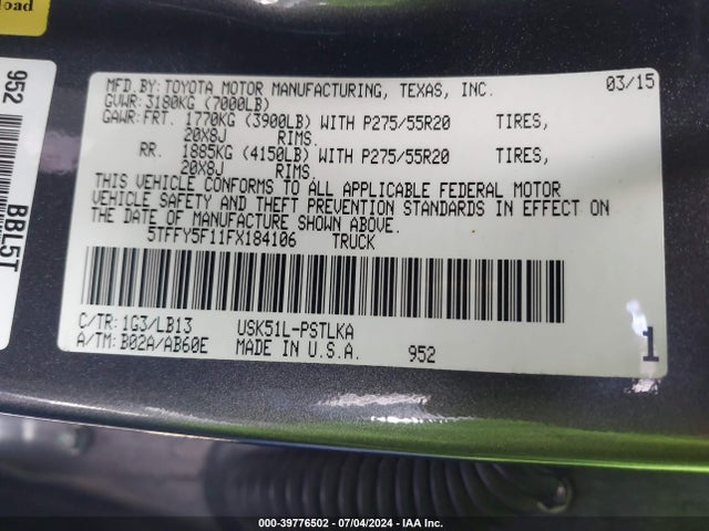 5TFFY5F11FX184106 Toyota Tundra Limited 5.7l V8
