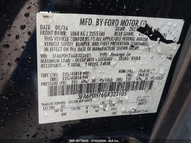 Ford FUSION SE 2016 3FA6P0H76GR323105 Image 9