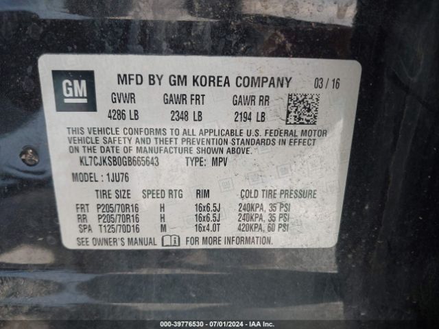 KL7CJKSB0GB665643 Chevrolet Trax 1ls