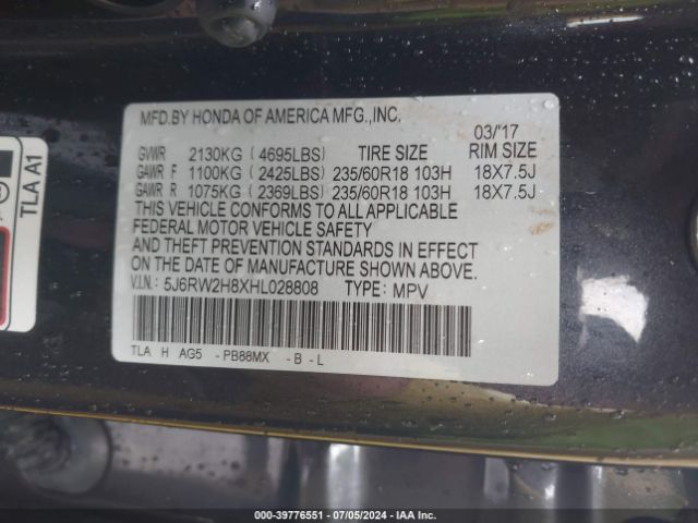 5J6RW2H8XHL028808 Honda Cr-v Ex-l/ex-l Navi