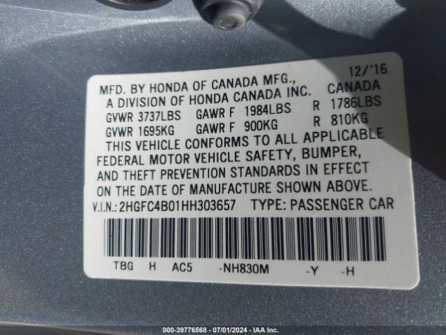 2HGFC4B01HH303657 Honda Civic Lx-p