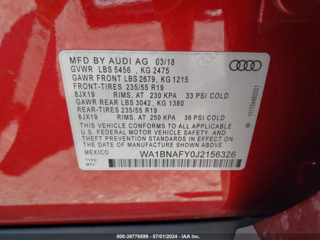 WA1BNAFY0J2156326 Audi Q5 2.0t Premium/2.0t Tech Premium