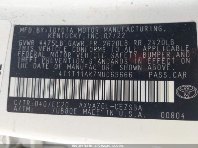 4T1T11AK7NU069666 Toyota Camry Se Nightshade Edition