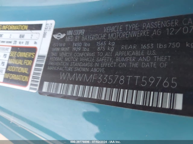 2008 MINI COOPER WMWMF33578TT59765 Photo 8