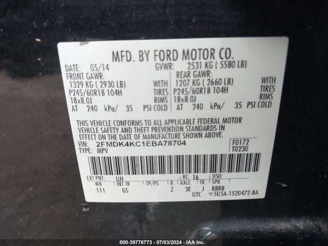 2FMDK4KC1EBA78704 Ford Edge Limited