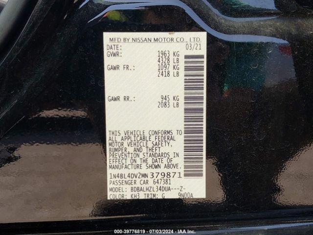 1N4BL4DV2MN379871 Nissan Altima Sv Fwd