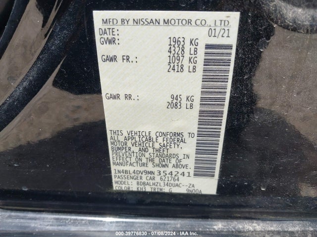 39776830 :رقم المزاد ، 1N4BL4DV9MN354241 vin ، 2021 Nissan Altima Sv Fwd مزاد بيع