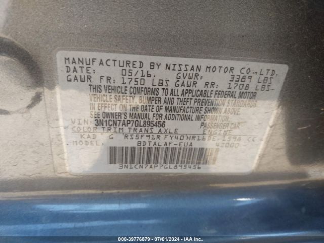 3N1CN7AP7GL895456 Nissan Versa 1.6 S