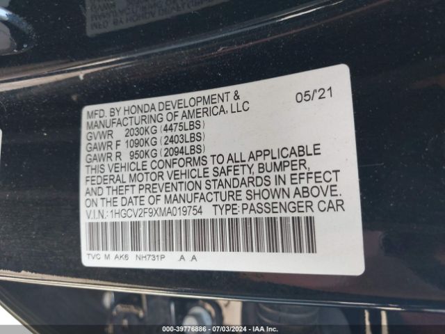 1HGCV2F9XMA019754 Honda Accord Touring