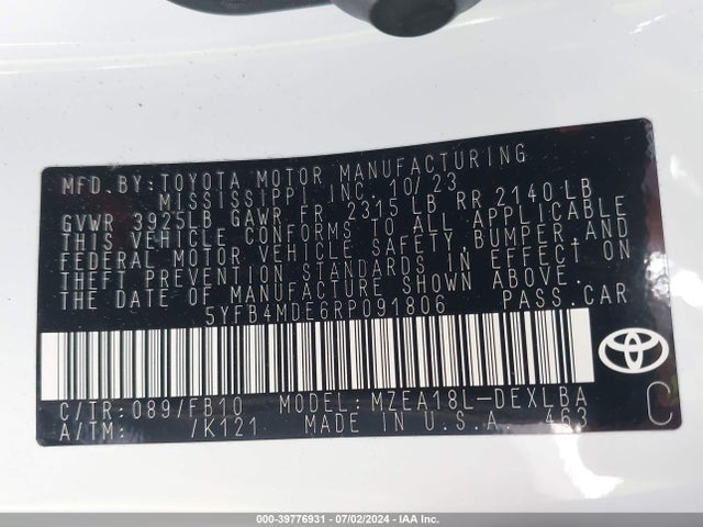 Toyota COROLLA LE 2024 5YFB4MDE6RP091806 Image 9