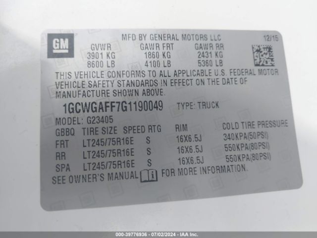 1GCWGAFF7G1190049 Chevrolet Express 2500 Work Van