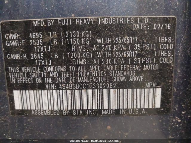 4S4BSBCC1G3302082 Subaru Outback 2.5i Premium