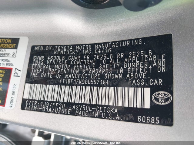 Toyota CAMRY SE 2016 4T1BF1FK9GU597184 Image 9