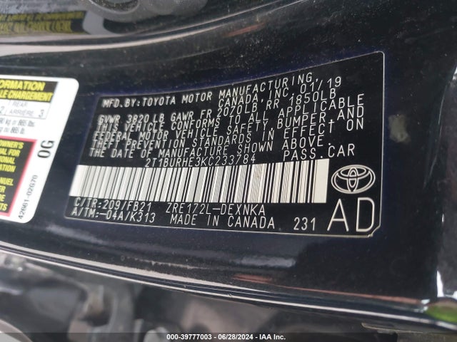 Toyota COROLLA LE 2019 2T1BURHE3KC233784 Image 9