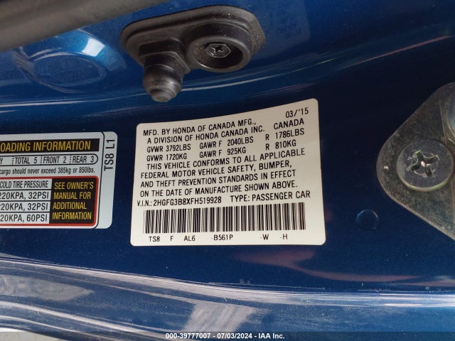 Honda CIVIC EX 2015 2HGFG3B8XFH519928 Image 9