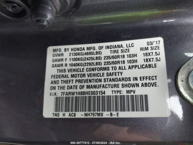 7FARW1H88HE003154 Honda Cr-v Ex-l/ex-l Navi