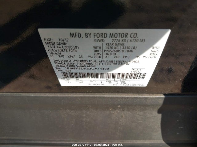 Ford EXPLORER XLT 2018 1FM5K8DH6JGA11409 Image 9