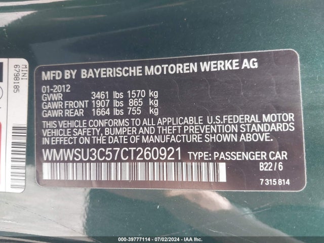 2012 MINI COOPER WMWSU3C57CT260921 Photo 8