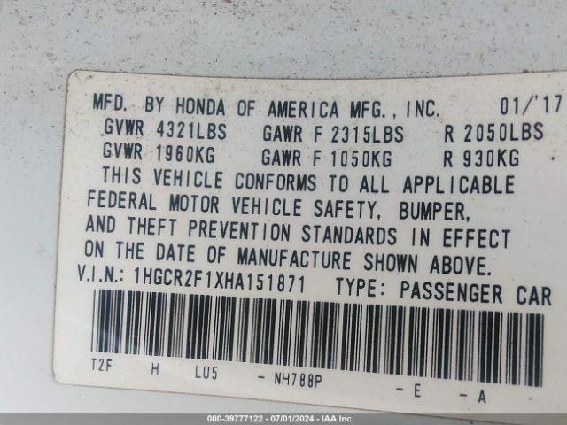 1HGCR2F1XHA151871 Honda Accord Sport Se