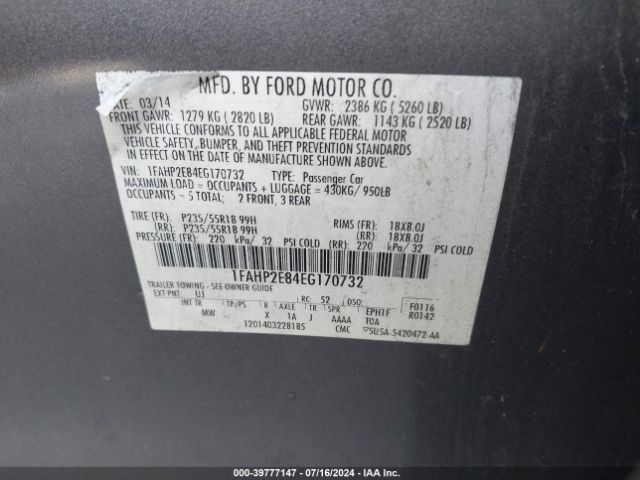 1FAHP2E84EG170732 Ford TAURUS SEL