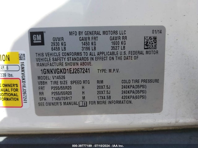 Chevrolet Traverse 1lt 2014 1GNKVGKD1EJ267241 Image 9