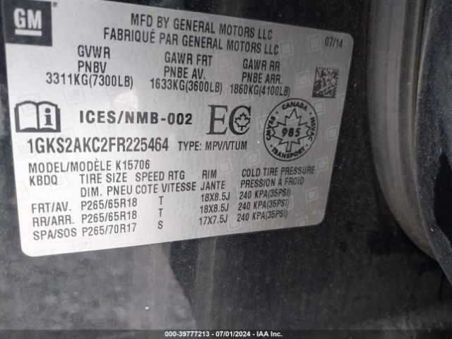 1GKS2AKC2FR225464 GMC YUKON SLE