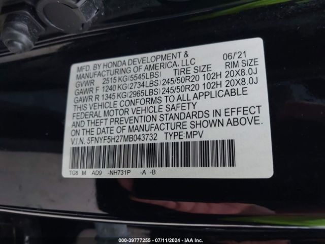 5FNYF5H27MB043732 Honda Pilot 2wd Special Edition