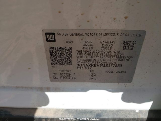 3GNAXKEV9MS177880 Chevrolet Equinox Fwd Lt