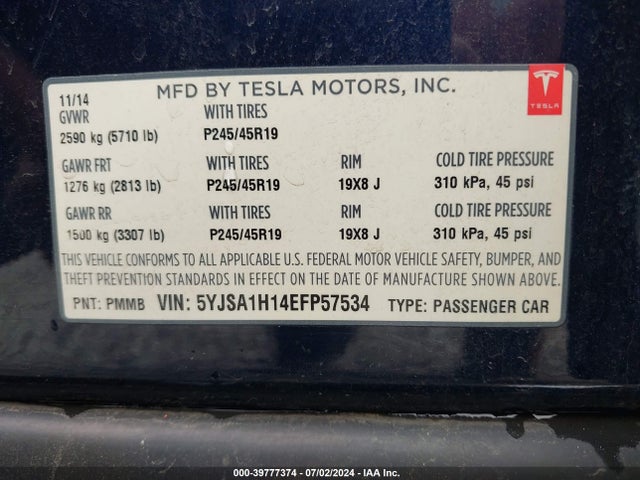 5YJSA1H14EFP57534 Tesla Model S P85