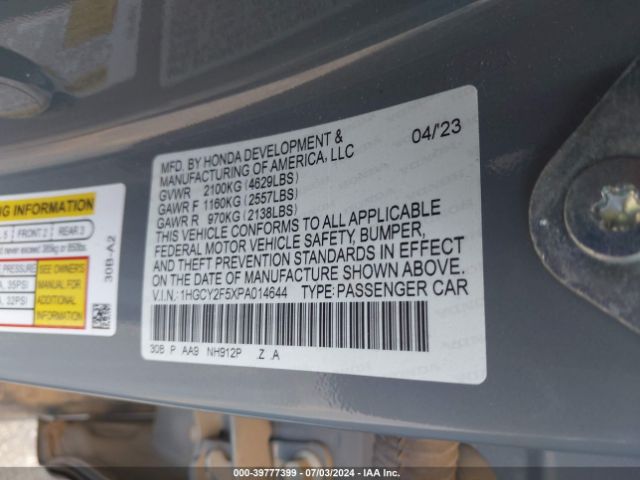 1HGCY2F5XPA014644 Honda Accord Hybrid Sport