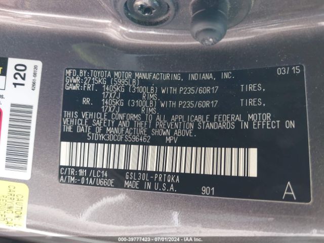 5TDYK3DC0FS596462 Toyota Sienna Xle 8 Passenger